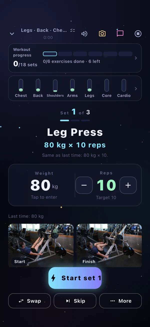 Workout weight, reps, and exercise demonstration