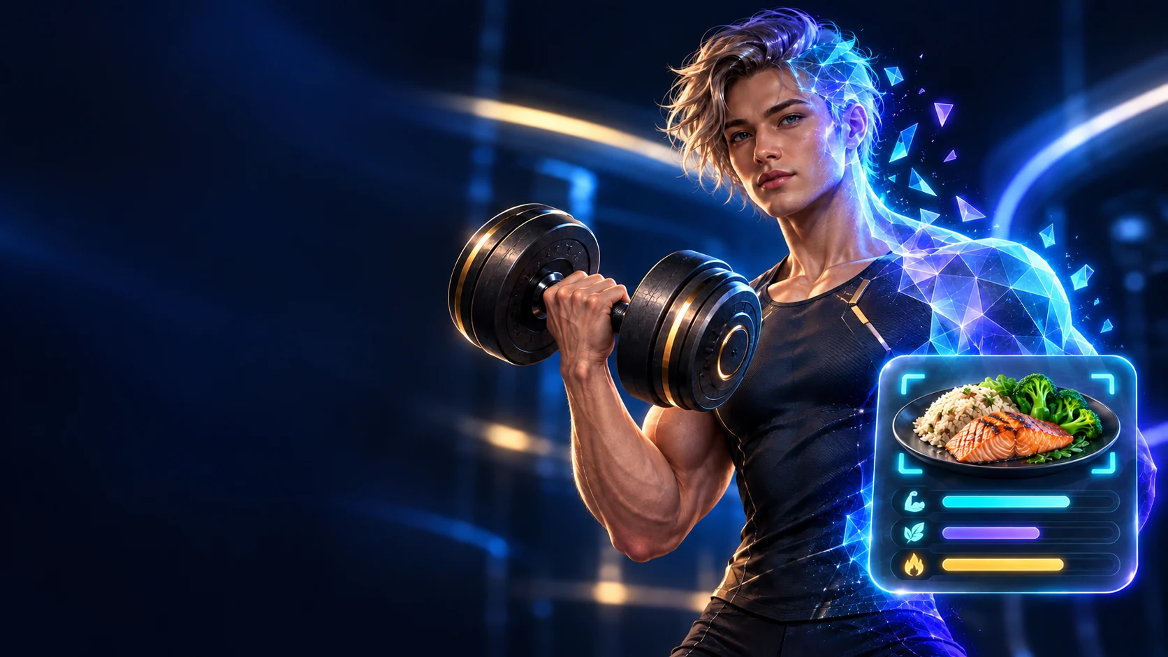 Brand concept: a future humanoid digital fitness coach with a nutrition scan panel